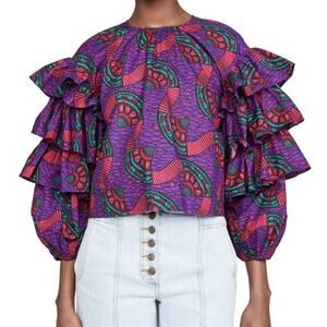 Ulla Johnson Purple Tulia Printed Cotton Ruffle Sleeve Top Size 6